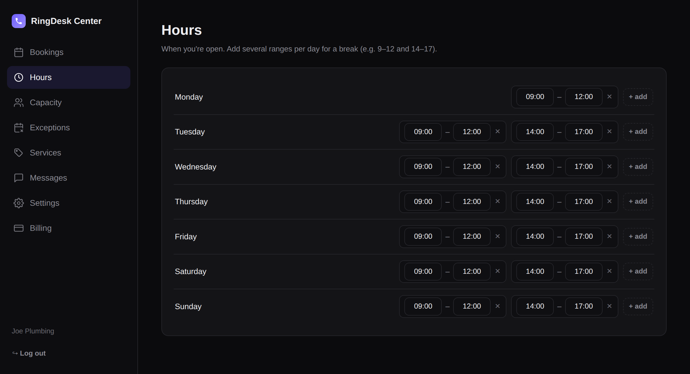 Opening hours editor