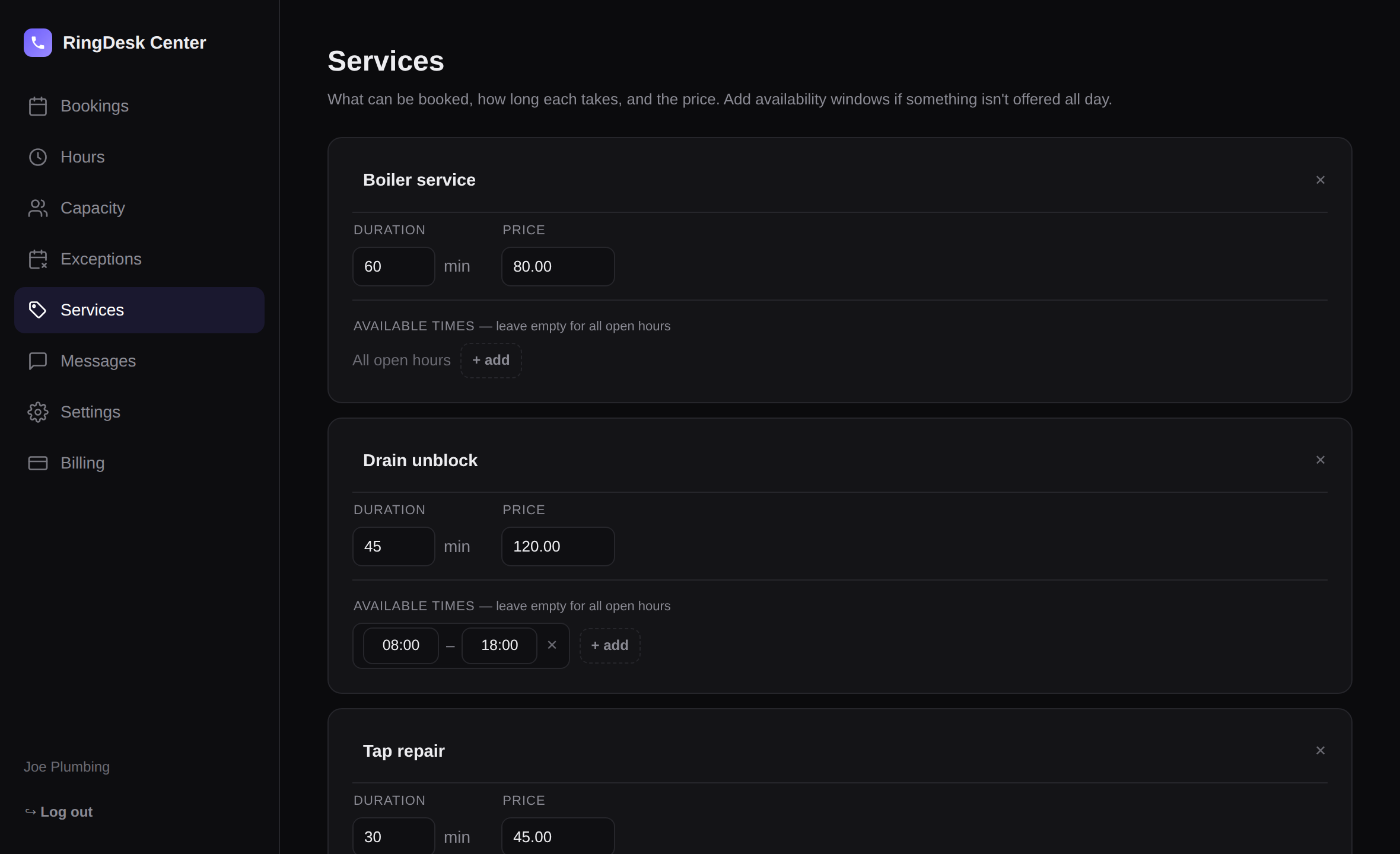 Services and prices